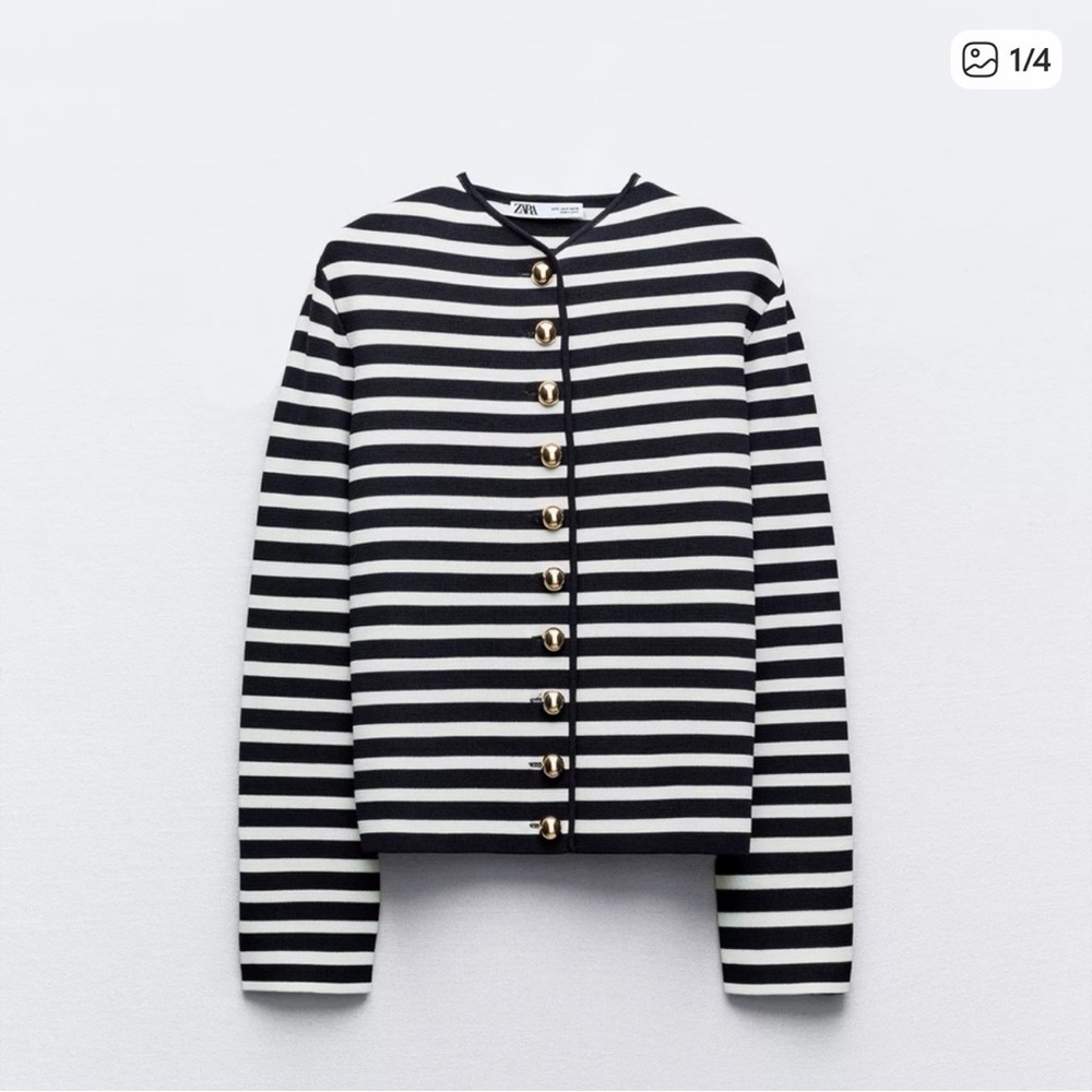 ZARA Black & White Striped Crewneck Cardigan with Gold Buttons